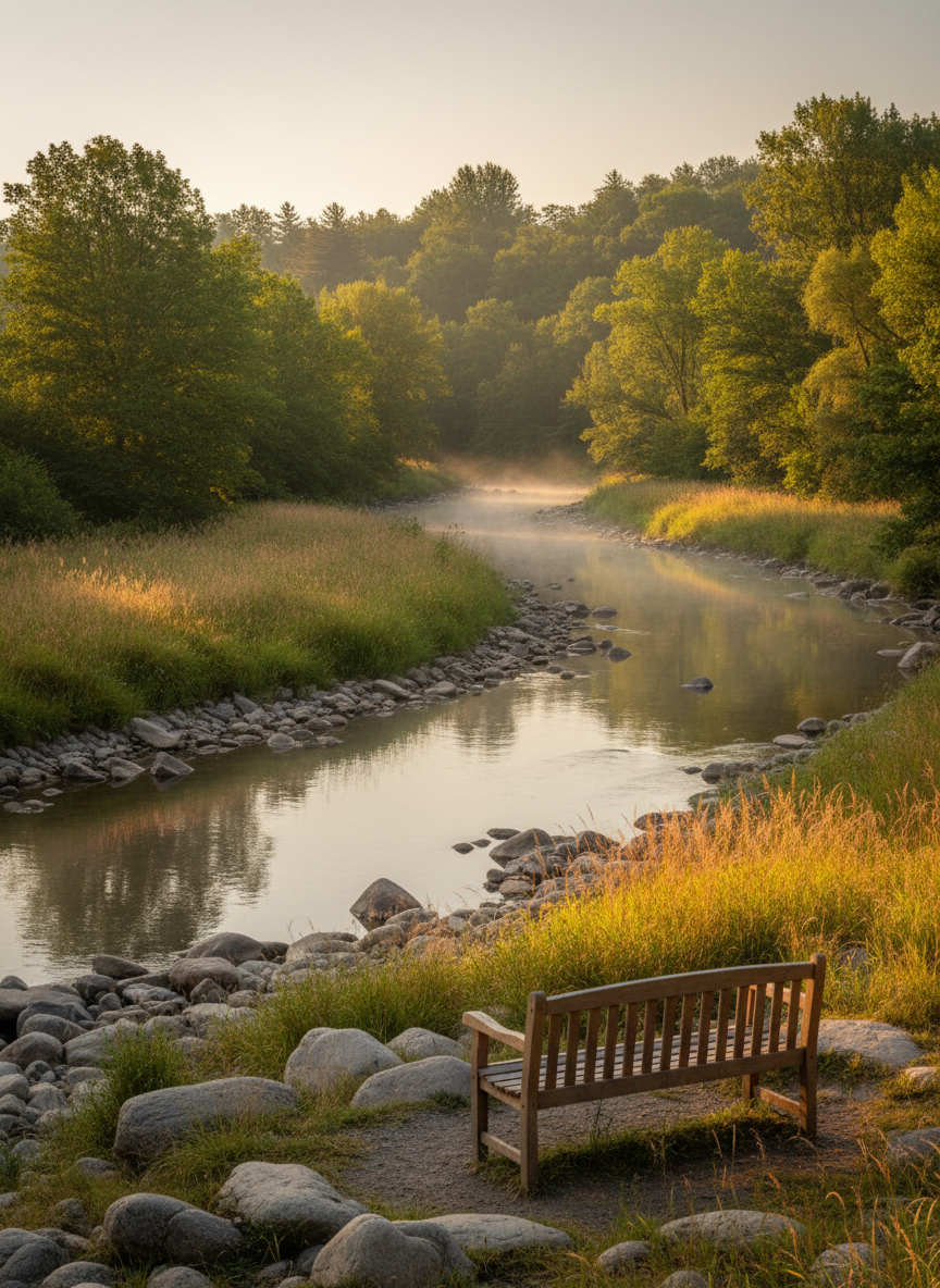 A tranquil outdoor scene symbolizing wellness, with a gently flowing river curving through lush green trees and tall grasses, captured from the riverbank. Smooth stones line the edge of the water, some partially submerged, their surfaces glistening in the soft, late-afternoon light. Misty reflections of the trees ripple on the calm surface, suggesting ongoing healing and movement. In the foreground, a simple wooden bench faces the water, inviting quiet reflection. Photographic realism with wide-angle composition and deep focus, under warm, diffused sunlight, creates a peaceful, grounding atmosphere that subtly echoes the idea of a “river of life” in counseling.