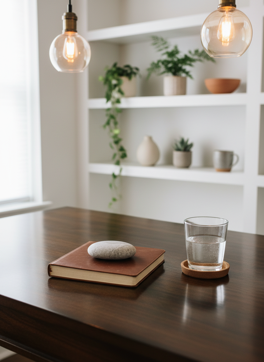A polished wooden writing desk in a quiet counseling office, topped with a neatly arranged leather-bound notebook, a smooth river stone used as a paperweight, and a glass of water on a cork coaster. Behind the desk, built-in shelves in soft white hold a few carefully spaced plants and neutral-toned pottery, suggesting warmth without clutter. Soft overhead pendant lighting mixes with late-morning natural light from an unseen window, creating a warm, even glow. Photographic realism from a slightly elevated angle, with shallow depth of field focusing on the notebook and stone, conveys organization, professionalism, and gentle support.