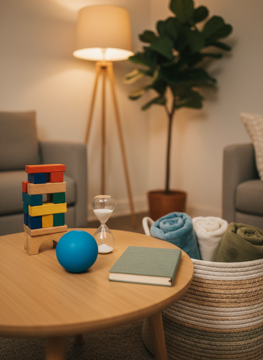 A peaceful family-focused counseling environment suggested through objects, with a low, round natural wood table arranged with a balanced mix of items: a small stack of colorful wooden blocks, a smooth blue stress ball, a simple sand timer, and a soft fabric journal in muted green. Nearby, a woven storage basket holds neatly folded blankets. The background reveals a warm, softly lit corner of the room with a floor lamp casting a gentle glow and a leafy plant adding organic texture. Photographic realism from a slightly elevated angle, with moderate depth of field, conveys inclusivity for ages 10+ and a supportive, non-clinical atmosphere.