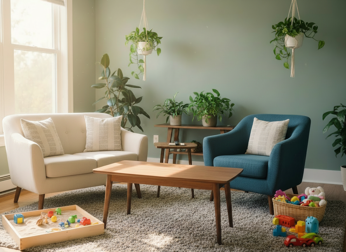 A warm, inviting counseling office interior with a plush couch, a comfortable armchair, and a collection of colorful play therapy toys including small figurines, a sandbox tray, and a basket of toys on a low shelf. Soft natural lighting, calming neutral tones, no people present.